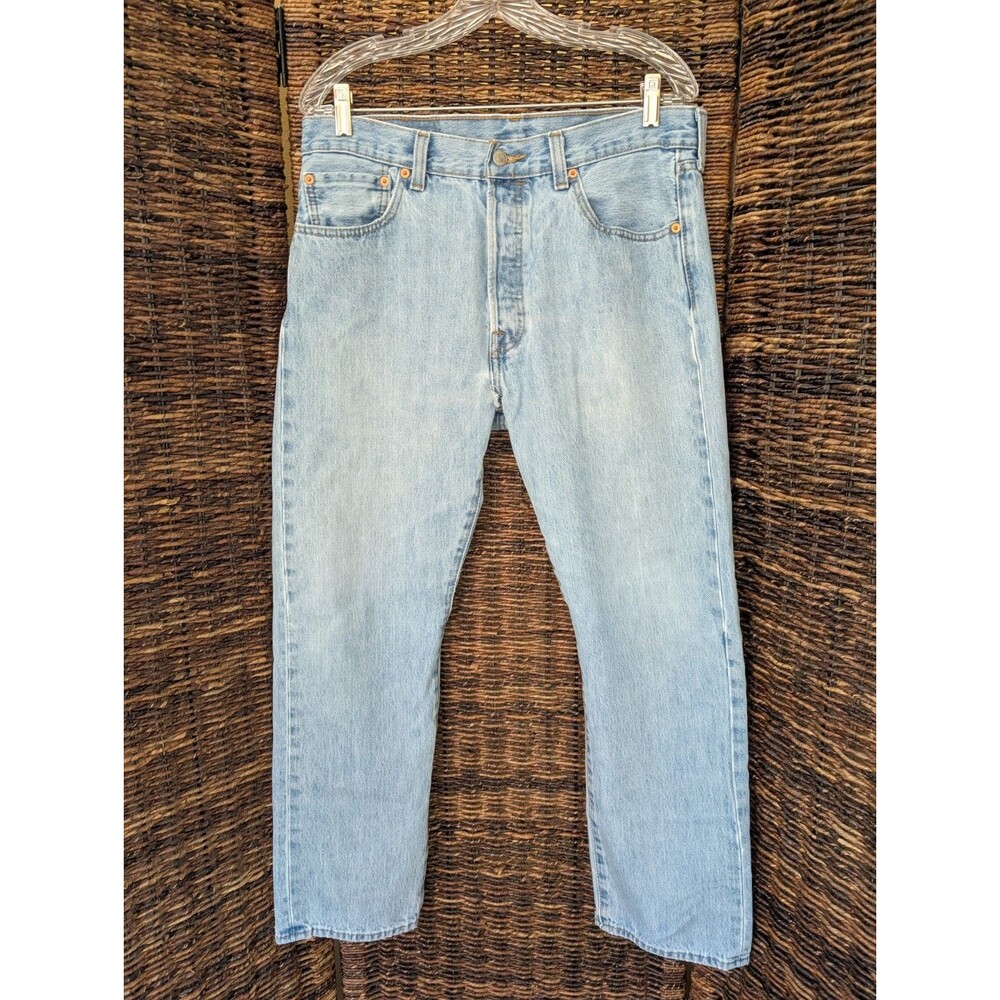 Thrashed Levi's 501 Mens Jeans W34 L30 Light Wash Button Fly Straight Leg Dad